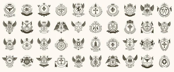 Ročník Heraldické Emblémy Vektorové Velké Množiny Starožitné Heraldické Symbolické Odznaky — Stockový vektor