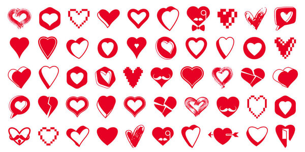 Hearts big vector set of different shapes and concepts logos or icons, love and care, health and cardiology, geometric and low poly, collection of heart shapes symbols.