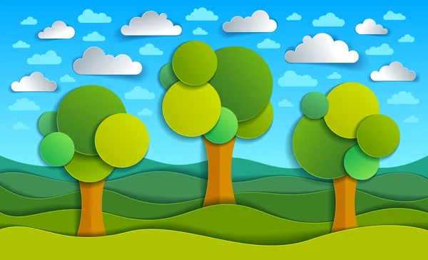 田园风光中的三棵树 风景画 现代风格卡通画 剪纸矢量图解 — 图库矢量图片