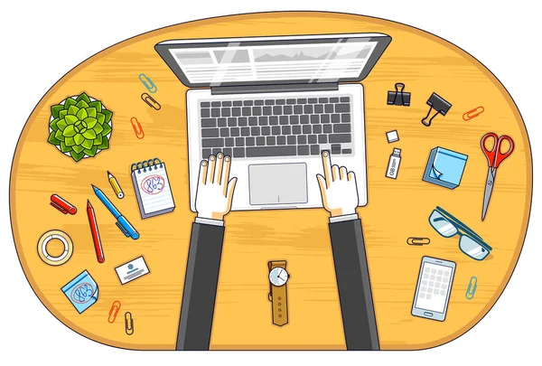 Ofis çalışanı ya da girişimci bilgisayar defteri üzerinde çalışıyor. Çalışma masasının insan eliyle ve çeşitli kırtasiyelerle en üst görüntüsü. Tüm elementleri ayrı ayrı kullanmak kolaydır. Vektör illüstrasyonu.