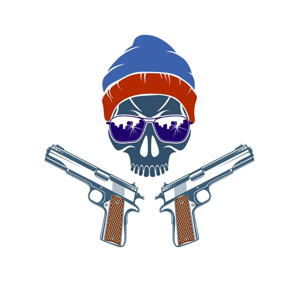 Crânio Duas Pistolas Emblema Vetor Logotipo Isolado Branco Brasão Armas — Vetor de Stock
