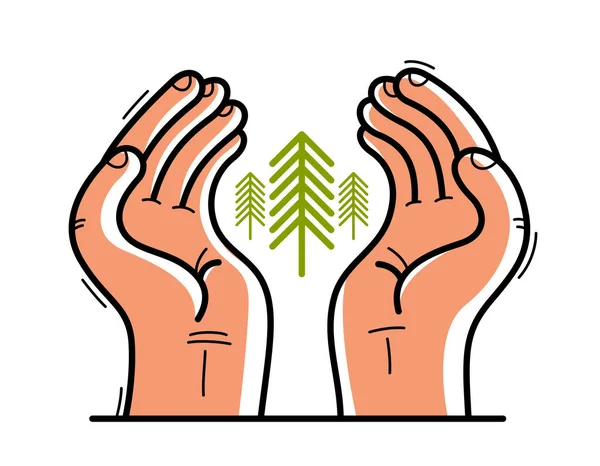 白に隔離されたケアベクトルフラットスタイルのイラストを保護し 示す松の木を持つ2つの手は 森林や森林の概念 環境保護のために大切にし — ストックベクタ