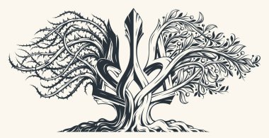Ukrayna 'nın ulusal amblemi Trizub mızrağı iki tarafı olan antik bir ağaç olarak gösteriliyor, dikenli sol taraf acıyı ve acıyı simgeliyor, sağ taraf böğürtlen ile yaşam ve büyüme, vektör ile ilgili..