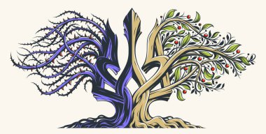 Ukraine concept national emblem Trizub trident shown as an ancient tree with two sides, left side with thorns symbolizes pain and suffer, right side with berries is about life and growth, vector.