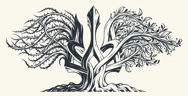Ukraine concept national emblem Trizub trident shown as an ancient tree with two sides, left side with thorns symbolizes pain and suffer, right side with berries is about life and growth, vector.