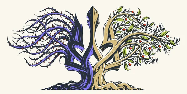 乌克兰国徽三叉戟象征着一种古老的树 两边都有 左边有刺 象征着痛苦和苦难 右边有浆果 象征着生命和成长 — 图库矢量图片