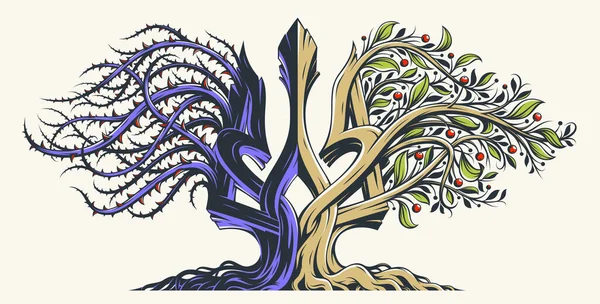 Ukraine concept national emblem Trizub trident shown as an ancient tree with two sides, left side with thorns symbolizes pain and suffer, right side with berries is about life and growth, vector.