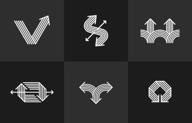 Ok vektörü orijinal logolar izole edildi, çift ok dinamik işaret koleksiyonu piktogram sembolü, doğrusal simgeler konsepti.
