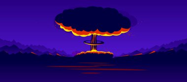 Nükleer patlama vektör çizimi, kıyamet teması, 3. Dünya Savaşı, atom bombası mantarı kıyameti..