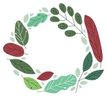 Taze yeşil yapraklı yuvarlak çerçeve düz vektör stili izole edilmiş, mükemmel çiçek sınırı, bahar ve yaz teması.