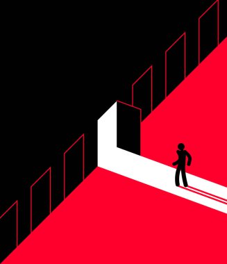 Açık kapı vektör illüstrasyonunun önünde duran adam, yeni fırsatlar konsepti, yan odaya gir, kariyer geliştirme.