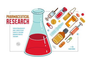 Pharmaceutical research vector illustration with chemical flask and different medicine vector, medical science concept.