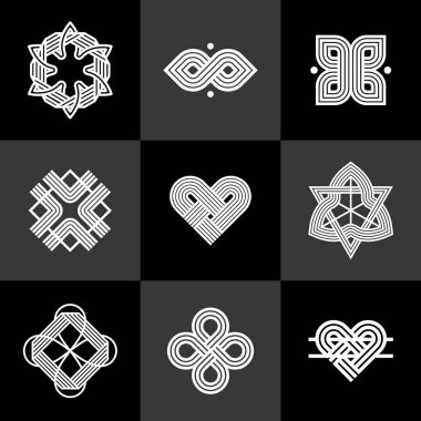 Soyut geometrik doğrusal semboller vektör seti, logo oluşturma için grafik tasarım unsurları, iç içe geçmiş çizgiler vintage biçim simgeleri koleksiyonu.