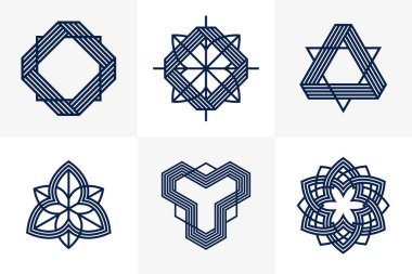 Birleştirilmiş çizgiler, vintage biçim simgeleri koleksiyonu, soyut geometrik doğrusal semboller vektör kümesi, logo oluşturma için grafik tasarım ögeleri.