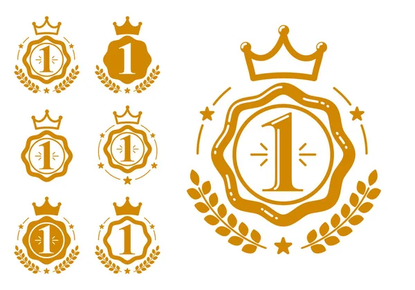 Primo Posto Set Premi Badge Vettoriale Grafica Geometrica Semplice Emblema — Vettoriale Stock
