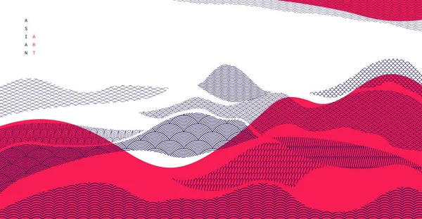 Japon stili soyut çizimler kırmızı renkte, arka plan Asya geleneksel tarzında, dalgalı şekiller ve dağlık arazi deniz hatları gibi akıcı..