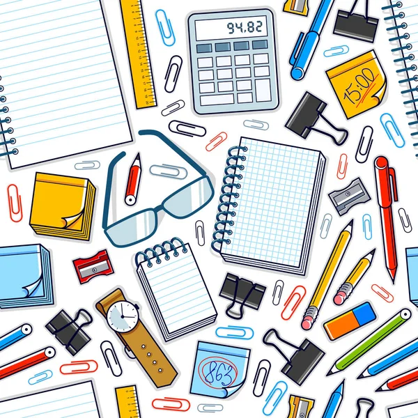 Çalışma masası üst görünümü bir çok farklı kırtasiye elemanı ile dikişsiz vektör duvar kağıdı, iş temalı resim çeşitlilik nesneleri resimleriyle.