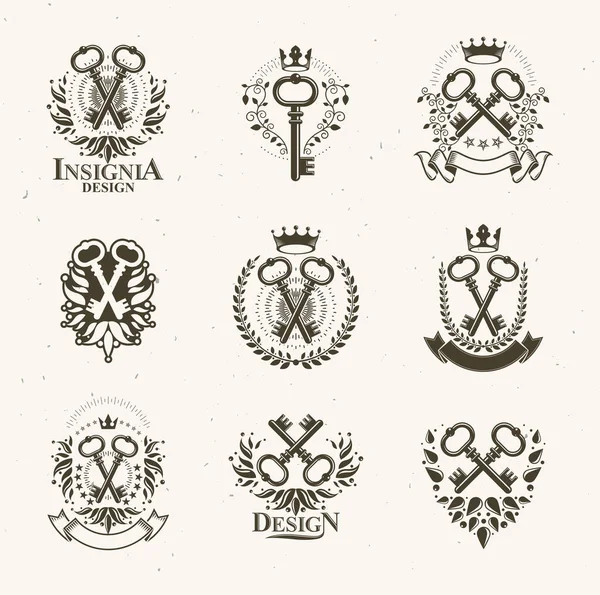 Vintage Schlüssel Vektor Logos Oder Embleme Heraldische Designelemente Großes Set — Stockvektor