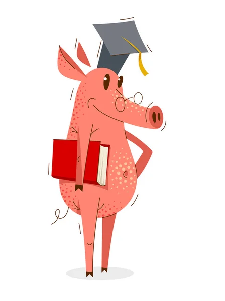 Lustige Cartoon Schwein Trägt Studentenhut Und Hält Ein Buch Doktoranden — Stockvektor