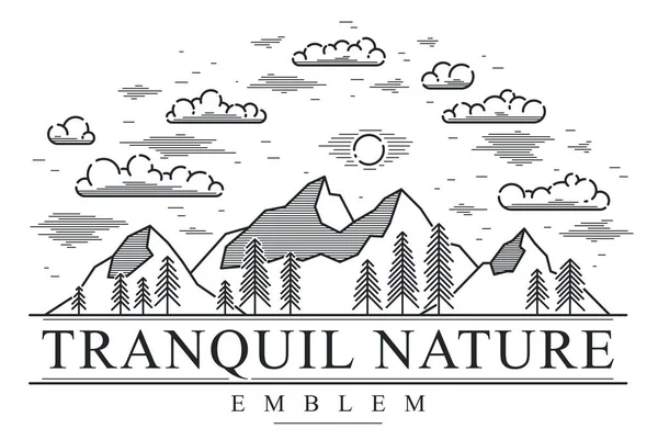 Cordillera Bosque Pinos Emblema Vectorial Lineal Aislado Blanco Dibujo Arte — Archivo Imágenes Vectoriales