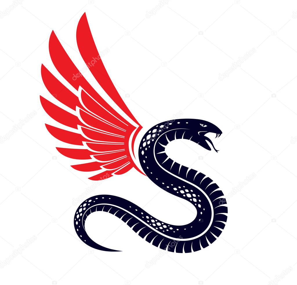 Winged snake vintage classic vector tattoo isolated on white, venomous serpent drawing logo or icon.