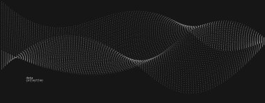 Gri soyut arkaplan, siyah üzerinde akmakta olan parçacıkların vektör dalgası, hareket halindeki kıvrımlı noktalar, teknoloji ve bilim teması, hava ve kolaylıkla fütüristik illüstrasyon.