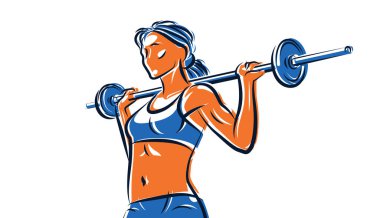 Halterle egzersiz yapan çekici bir kadının halter spor salonu ve form vektör ilülasyonuna basın. Mükemmel kaslı atletik vücut, genç yetişkin kız spor eğitimi..