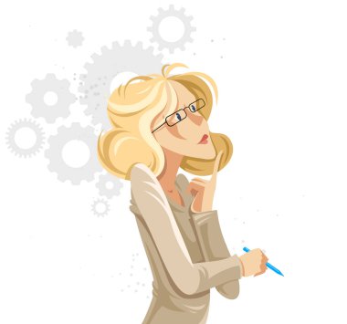 İş kadını dişli dişli dişli sistem vektör çizimi çizimi beyaz üzerinde izole edilmiş, düşünen ve analiz eden kadın yönetici, zeki çekici kadın..