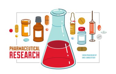 Pharmaceutical research vector illustration with chemical flask and different medicine vector, medical science concept.