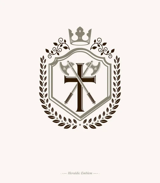 Vintage Emblema Vectorial Heráldico Decorativo Compuesto Por Armería Corona Monarca — Vector de stock