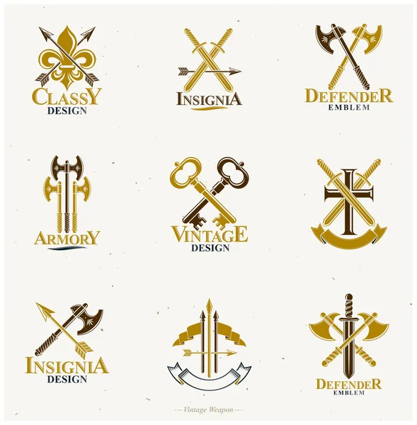 Vintage Weapon Emblems Set Heraldic Coat Arms Decorative Emblems Isolated — Stock Vector