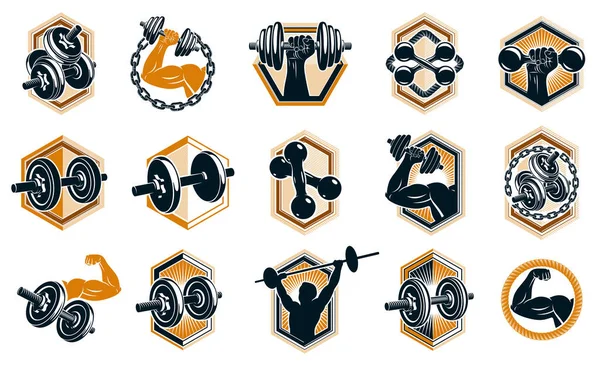 Fitness Sport Emblemen Logo Posters Met Halters Halters Kettlebells Spierman — Stockvector
