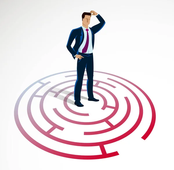 Confused Young Handsome Businessman Center Radial Labyrinth Trying Find Way — Stock Vector