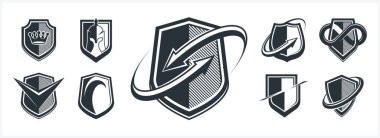 Farklı elementler vektör sembolleri, savunma ve güvenlik simgeleri, cephane amblemi koleksiyonu içeren klasik kalkan şekilleri.