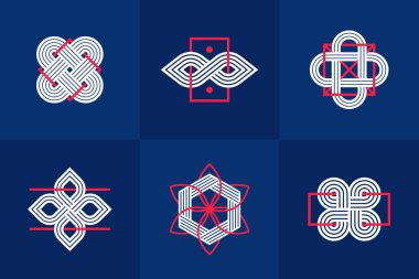 Soyut geometrik doğrusal semboller vektör seti, logo oluşturma için grafik tasarım unsurları, iç içe geçmiş çizgiler vintage biçim simgeleri koleksiyonu.