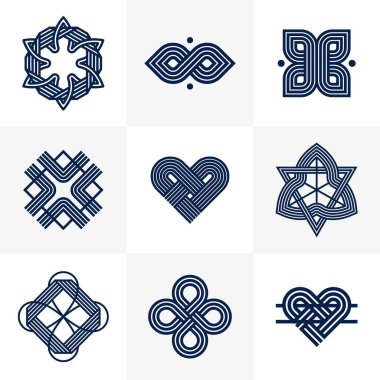 Logo oluşturma için grafik tasarım ögeleri, iç içe geçmiş çizgiler vintage biçim simgeleri koleksiyonu, soyut geometrik doğrusal semboller vektör kümesi.