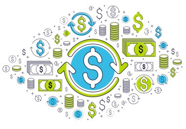 Dolar işareti ve döngü oku, para değişimi, yatırım, sigorta konsepti, geri ödeme, borsa, yeniden finanse, vektör tasarımı.