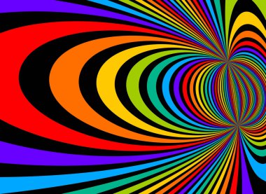 Psikedelik gökkuşağı renkli optik illüzyon çizgileri vektör deli sanat arka planı, LSD halüsinasyon hezeyanı, sürreal operasyon sanatı doğrusal eğrileri hiper 3 boyutlu perspektif, hipnotik tasarım.