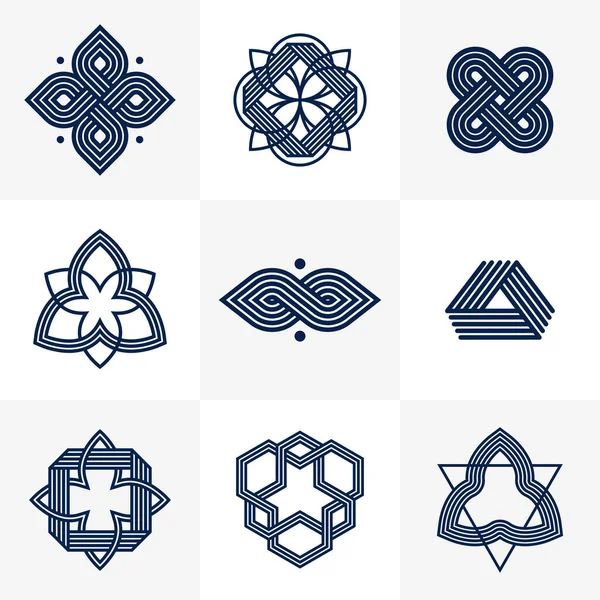 Logo oluşturma için grafik tasarım ögeleri, iç içe geçmiş çizgiler vintage biçim simgeleri koleksiyonu, soyut geometrik doğrusal semboller vektör kümesi.