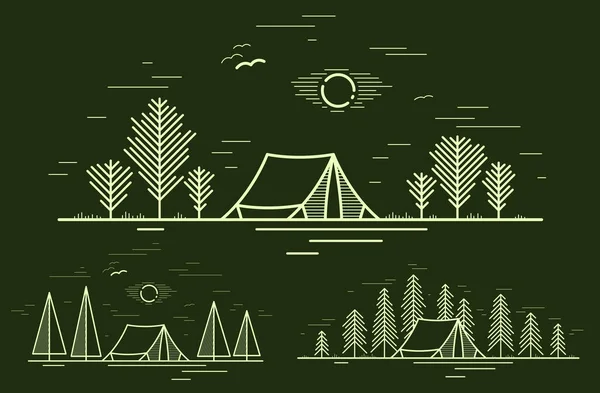 Camping Tent Pine Forest Vector Linear Illustration Dark Holidays Vacations — Stock Vector
