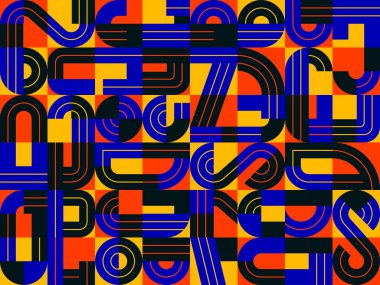 Geometrik elementlere sahip kusursuz desen vektör trend tasarımı, renkli tipografi parçaları kaplama arkaplan, soyut kompozisyon.