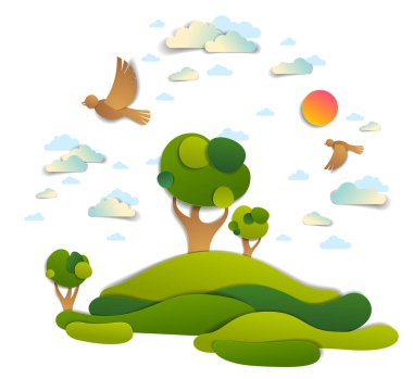 Doğal peyzaj çayırlar ve ağaçlar, kuşlar ve güneş, yaz alanları ve otlaklar ile bulutlu gökyüzü vektör çizim kağıt kesme çocuklar tarzı. Yaz tatili kırsal, seyahat ve Turizm.