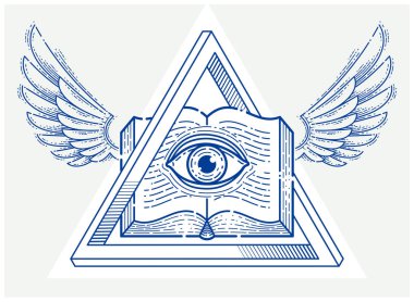 Kutsal geometri üçgeninde, duvarcılık ya da illuminati sembolünde, vektör logosu ya da amblem tasarım elementinde Tanrı 'nın gözü olan gizli bilgi klasiği açık kanatlı kitap..