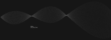 Hareket vektöründeki gri noktalar siyah üzerine soyut arkaplan, parçacıklar dalgalı akış dizisi, hareket, teknoloji ve bilimsel illüstrasyondaki eğri çizgiler.