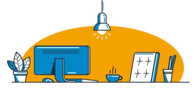 Çalışma masası düz çizimi beyaz, ofis ya da ev işi yeri vektör modern illüstrasyon, boş sandalye boş iş kavramı, rahat çalışma alanı.