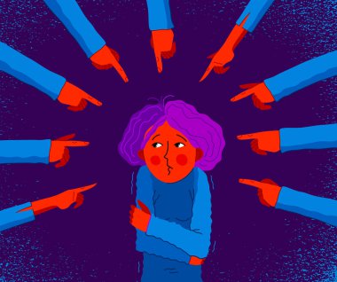 Utanç verici ve suçlayıcı vektör konsepti, genç bir kızı işaret eden el hareketi rahatsız ve korkmuş, sosyal gruplarda acımasız ve hoşgörüsüz davranış sorunu.
