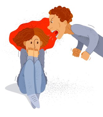 Küfürbaz koca vektör çizimi, kötü aile babası, korkmuş kadına bağırıp çağırma karısı, aile içi şiddet, zorba koca, psikolojik şiddet, alkolizm ve saldırganlık.