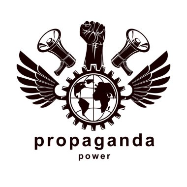 Vektör pazarlama afiş kaldırdı hoparlörler ile oluşan sıkılı yumruk, dünya gezegen ve Sanayi dişli. İç savaş soyut resim, sınırları kavramı yok. Sosyal mesaj gücü.