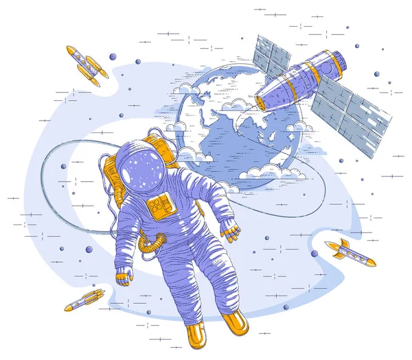 Spaceman Flyger Öppen Plats Ansluten Till Rymdstationen Och Jorden Planet — Stock vektor