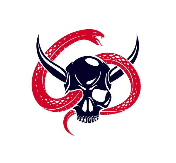 Horned Skull Snake Devil Evil Sign Vintage Vector Design Classic — Stock Vector